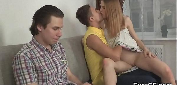  Indebted lover allows spicy friend to poke his gf for hard cash